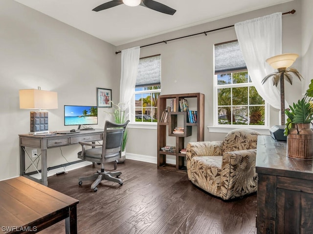 office area featuring ceiling fan and dark wood-type flooring