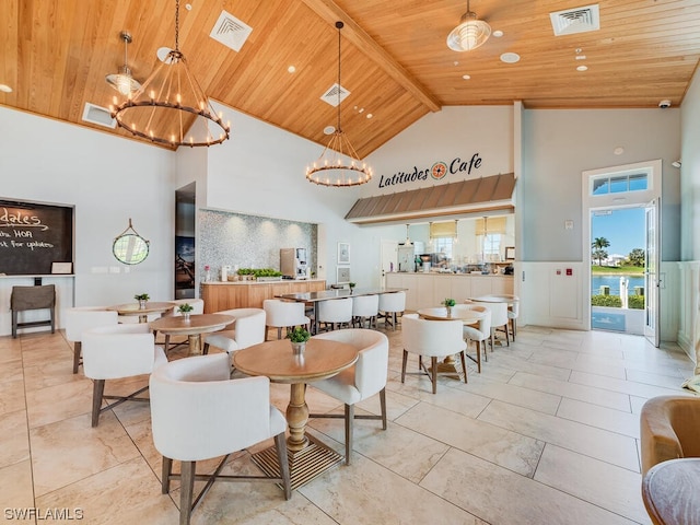 dining room with light tile flooring, a chandelier, high vaulted ceiling, and wood ceiling