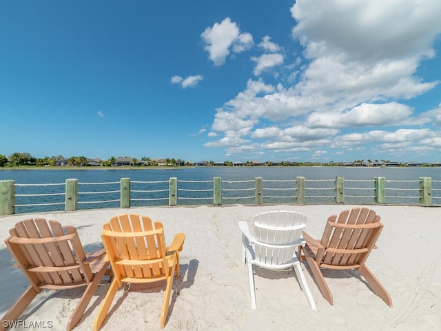 view of terrace featuring a water view