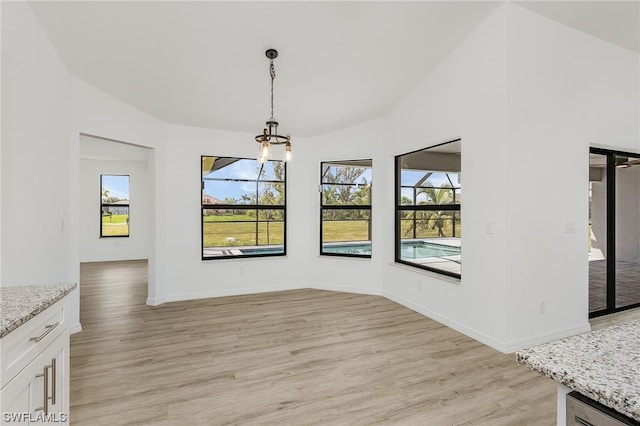 unfurnished dining area featuring vaulted ceiling, light hardwood / wood-style flooring, and a wealth of natural light