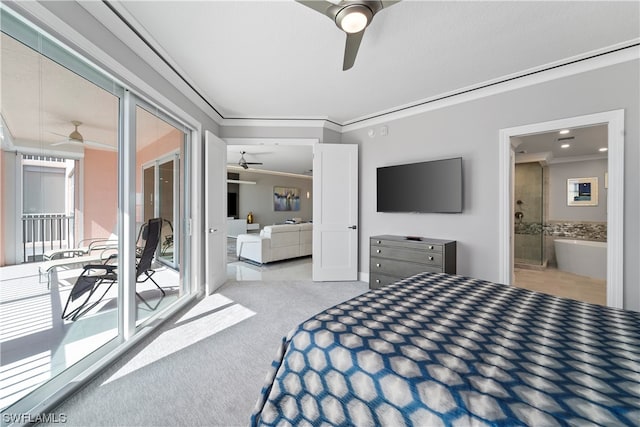 carpeted bedroom featuring access to exterior, connected bathroom, ceiling fan, and crown molding