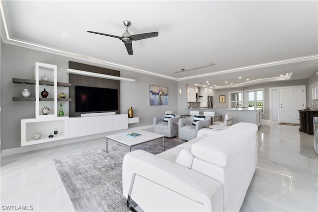 living room with light tile flooring and ceiling fan