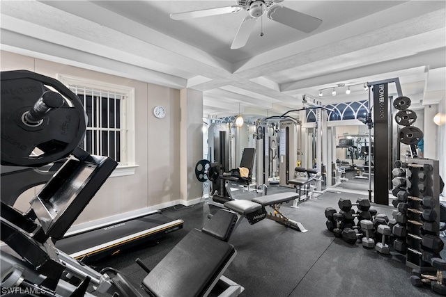 gym featuring ceiling fan