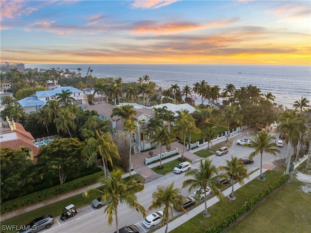 aerial view at dusk featuring a water view