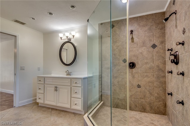 bathroom with tile flooring, walk in shower, and vanity