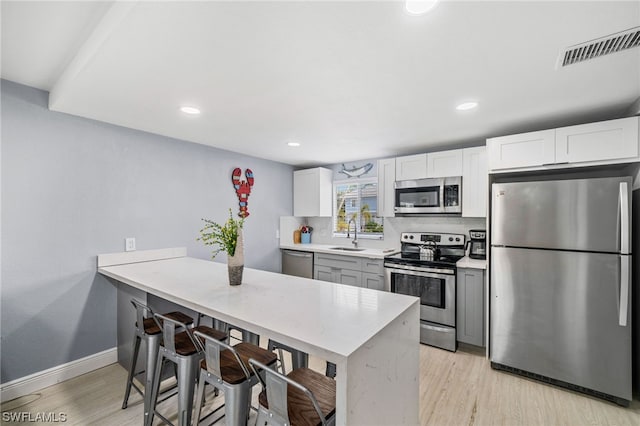 kitchen featuring white cabinets, tasteful backsplash, stainless steel appliances, and light hardwood / wood-style flooring