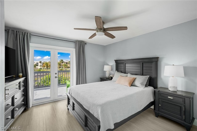 bedroom with ceiling fan, access to outside, and light hardwood / wood-style flooring