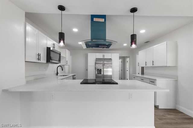 kitchen featuring island exhaust hood, hardwood / wood-style flooring, pendant lighting, and appliances with stainless steel finishes