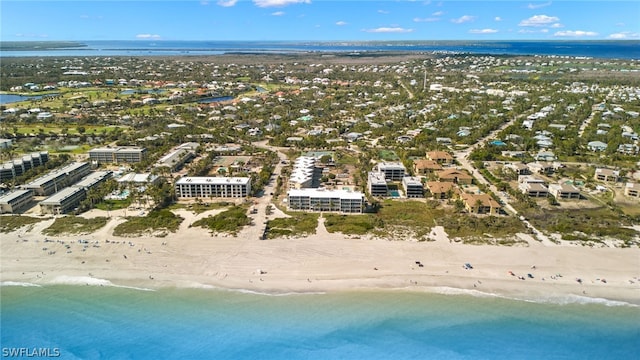 aerial view featuring a water view and a view of the beach