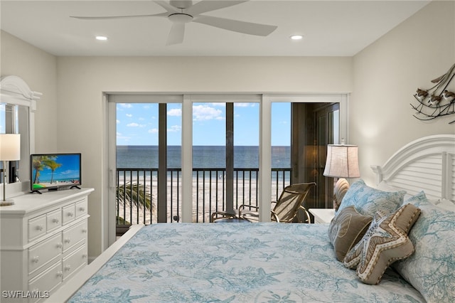 bedroom featuring access to exterior and ceiling fan