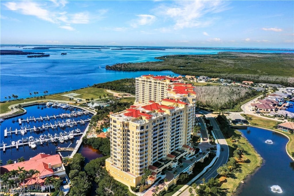 drone / aerial view with a water view