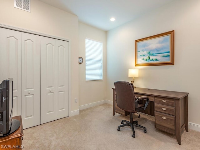 office with light carpet, recessed lighting, visible vents, and baseboards