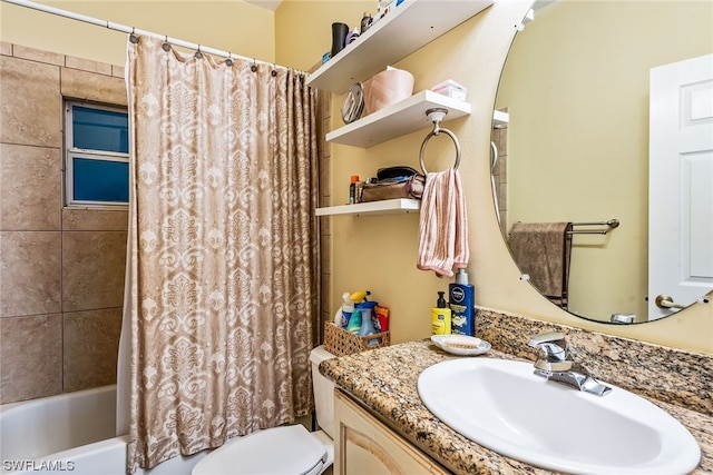 full bathroom featuring shower / bath combination with curtain, toilet, and vanity