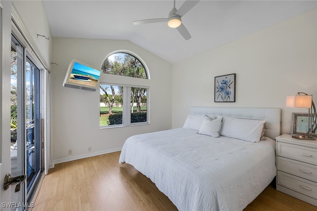 bedroom featuring light wood-type flooring, ceiling fan, and lofted ceiling