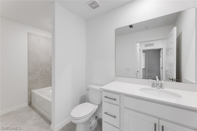 full bathroom with shower / bath combination, tile floors, oversized vanity, and toilet