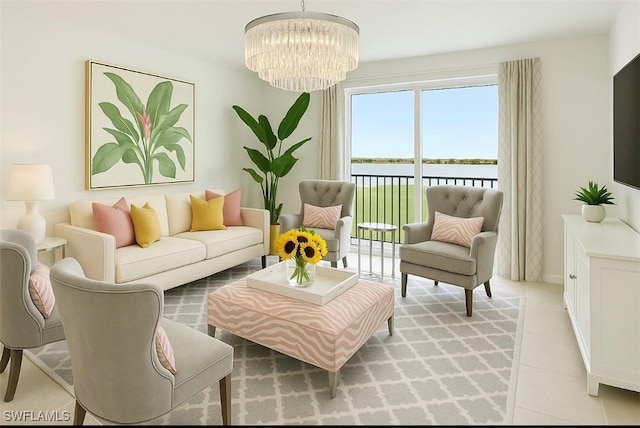 interior space with a chandelier and light tile patterned floors