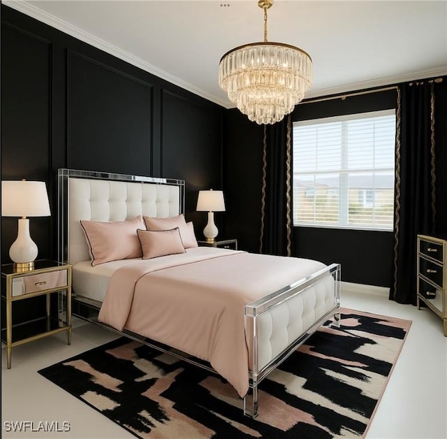 bedroom with ornamental molding, baseboards, and a notable chandelier