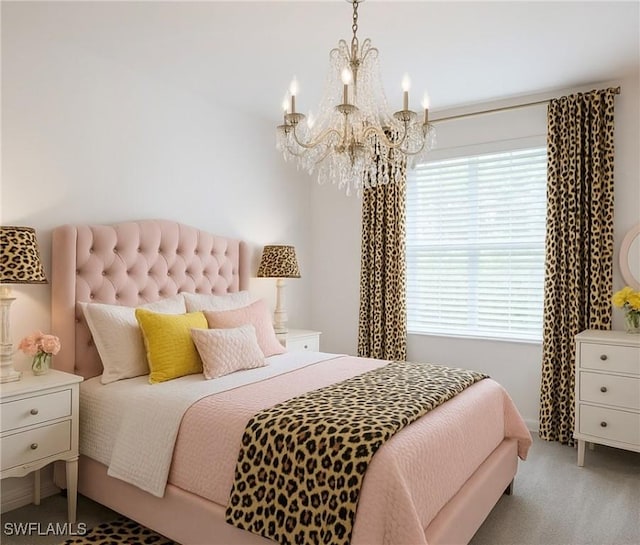 bedroom with carpet floors and a notable chandelier