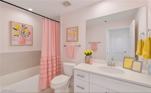 full bathroom featuring vanity, toilet, visible vents, recessed lighting, and shower / bath combination with curtain