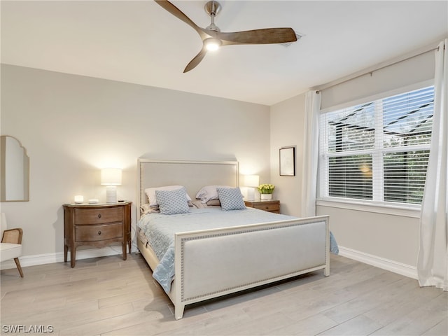 bedroom featuring ceiling fan and light hardwood / wood-style flooring