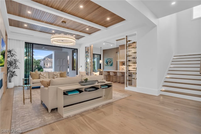 living room featuring light hardwood / wood-style flooring, beamed ceiling, and wood ceiling