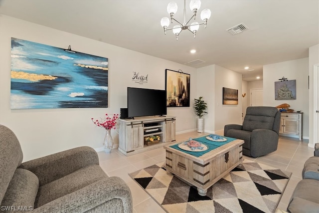 living room with light tile floors and a notable chandelier