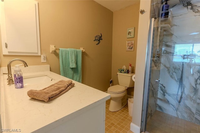 bathroom featuring walk in shower, vanity, and toilet