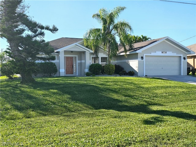 ranch-style home with a front lawn and a garage