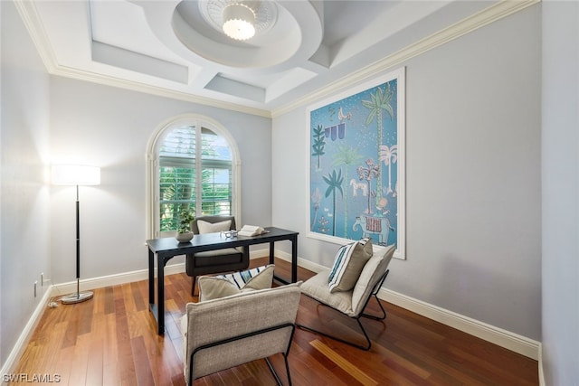 home office with hardwood / wood-style floors, coffered ceiling, and ornamental molding