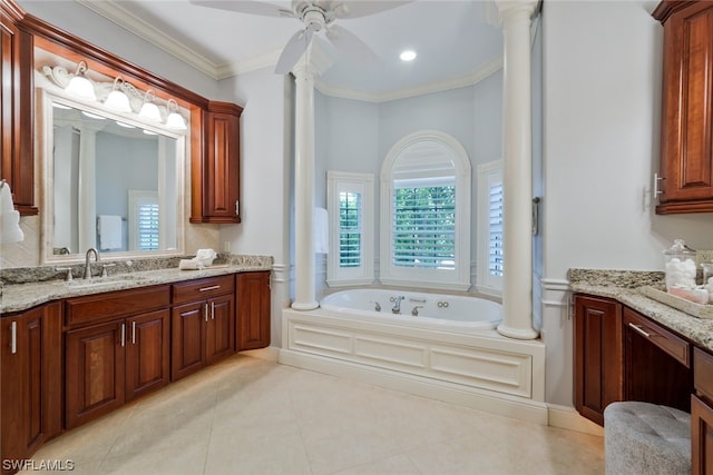 bathroom with ceiling fan, decorative columns, vanity, tile floors, and ornamental molding