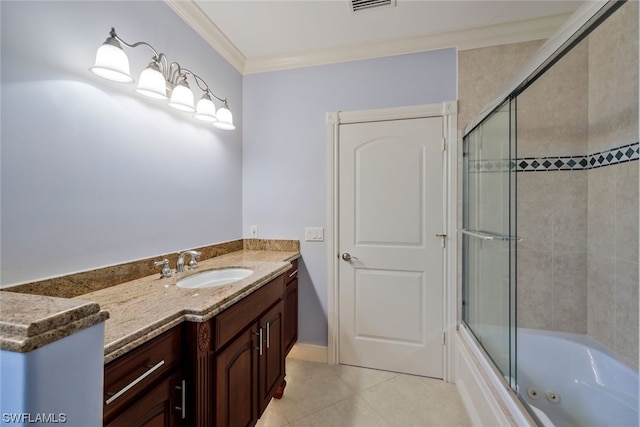 bathroom with ornamental molding, enclosed tub / shower combo, tile flooring, and vanity