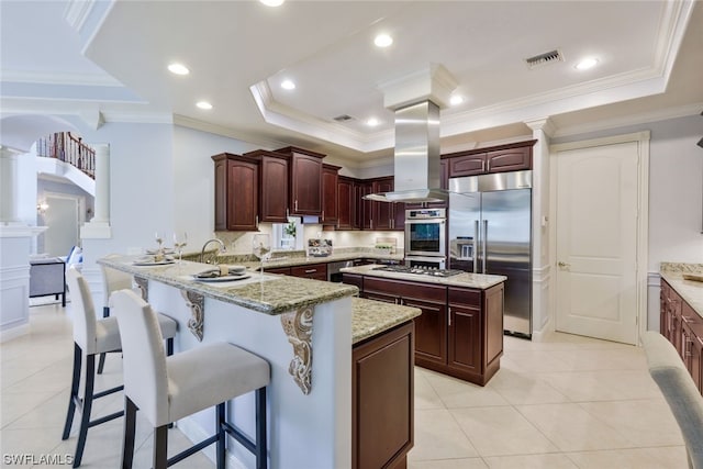 kitchen with appliances with stainless steel finishes, a kitchen island, a raised ceiling, island exhaust hood, and light stone countertops