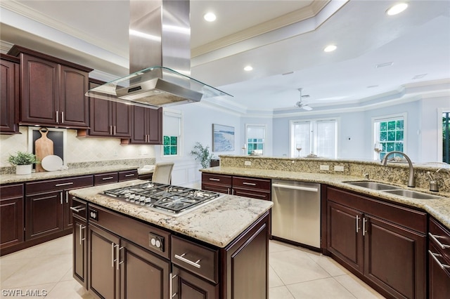 kitchen with sink, appliances with stainless steel finishes, a tray ceiling, and island range hood