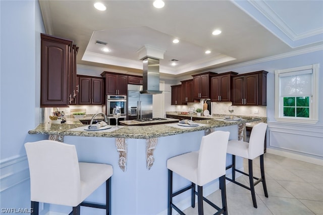 kitchen with appliances with stainless steel finishes, a kitchen breakfast bar, light stone countertops, and a tray ceiling