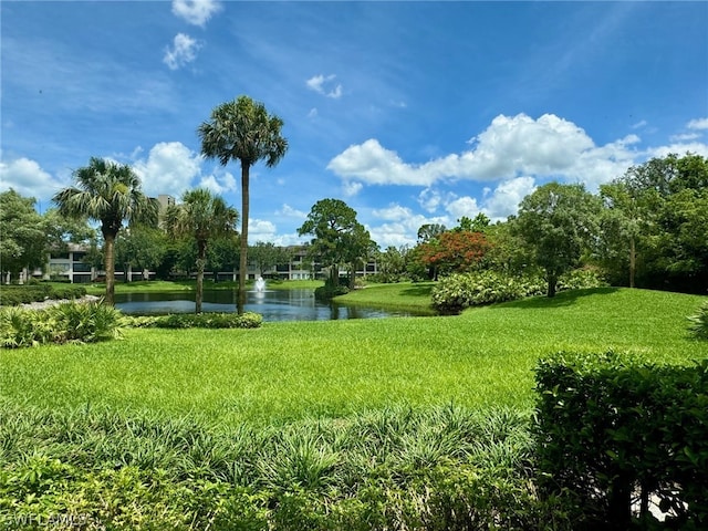 view of home's community with a water view and a lawn