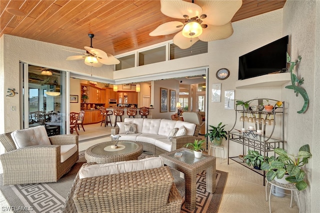 interior space with wood ceiling and ceiling fan