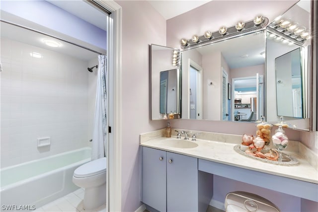 full bathroom with shower / bath combo, vanity, tile floors, and toilet