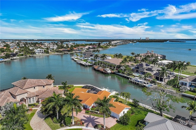 drone / aerial view featuring a water view