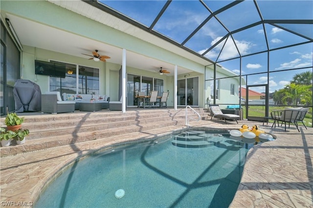 view of pool featuring an outdoor hangout area, a patio, ceiling fan, a lanai, and area for grilling