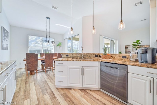 kitchen featuring decorative light fixtures, sink, white cabinets, and dishwasher