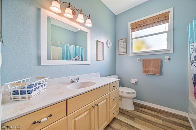 bathroom with toilet, vanity, and wood-type flooring