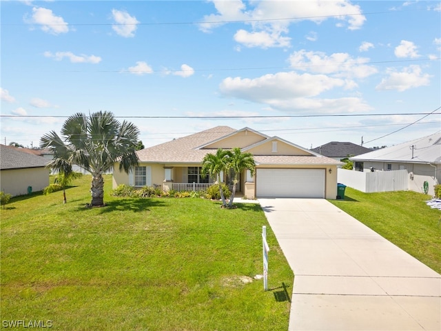 single story home featuring a porch, a garage, and a front lawn