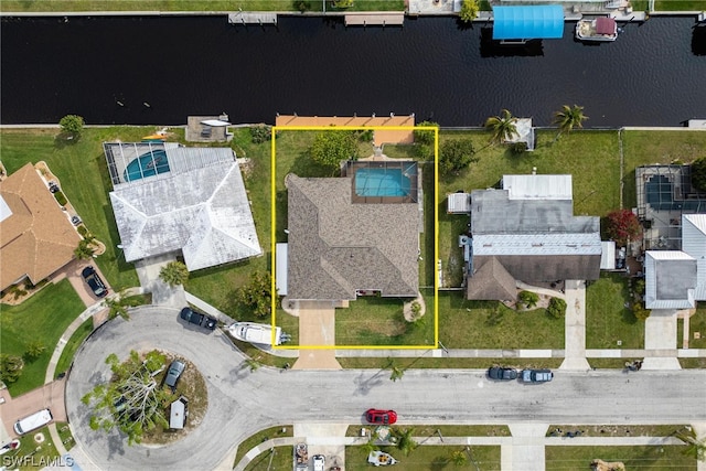 aerial view featuring a water view