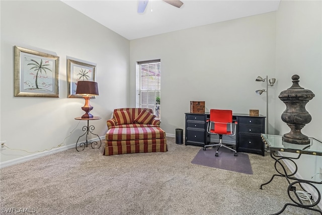 carpeted office space featuring ceiling fan