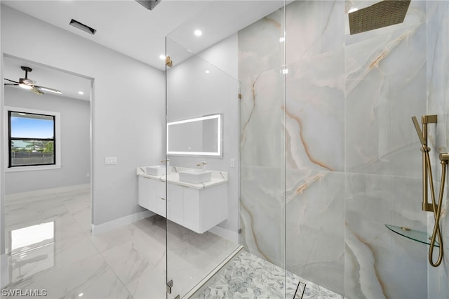 bathroom with vanity, a shower with door, tile floors, and ceiling fan