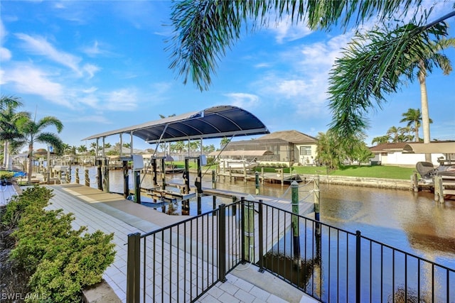 view of dock with a water view