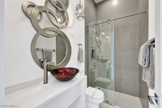 bathroom with vanity, toilet, and walk in shower