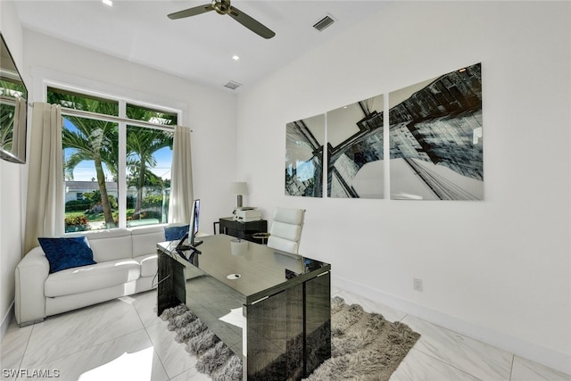 office area with ceiling fan