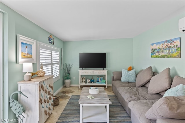 tiled living room featuring a wall mounted air conditioner