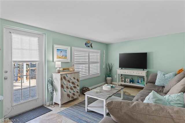 living room with light tile floors